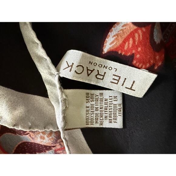 Tie Rack London Silk Scarf Rolled Hem Square Black Red Floral Geometric Artsy - Picture 9 of 9